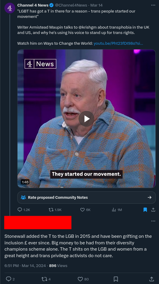 Tweets Channel 4 News: “Channel 4 News “LGBT has got a T in there for a reason — trans people started our movement” w attached video clip. Anonymised reply: “Stonewall added the T to the LGB in 2015 and have been grifting on the inclusion £ ever since. Big money to be had from their diversity champions scheme alone. The T shits on the LGB and women from a great height and trans privilege activists do not care.”